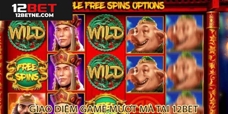 Giao diện slot game tại 12BET với nút Quay, Auto Spin, và thanh điều chỉnh cược, mang lại trải nghiệm mượt mà