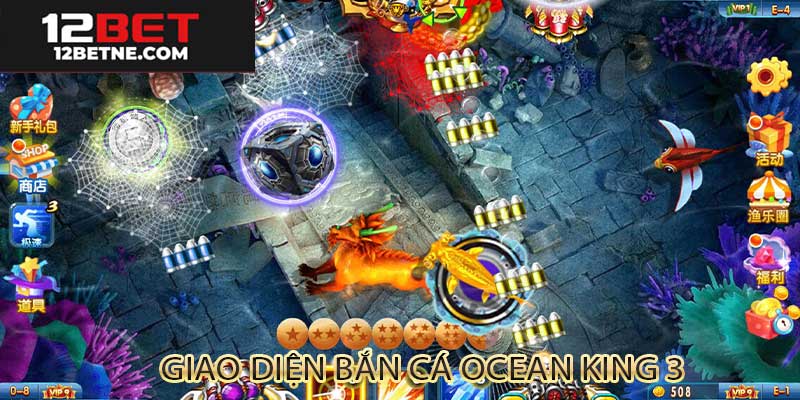 Giao diện vòng quay thưởng trong Ocean King 3 Plus tại 12BET, với hiệu ứng thần tài rực rỡ